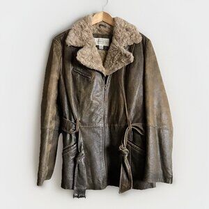 Vintage St. John's‎ Bay Genuine Leather Belted Fur Trim Jacket W Size Large
